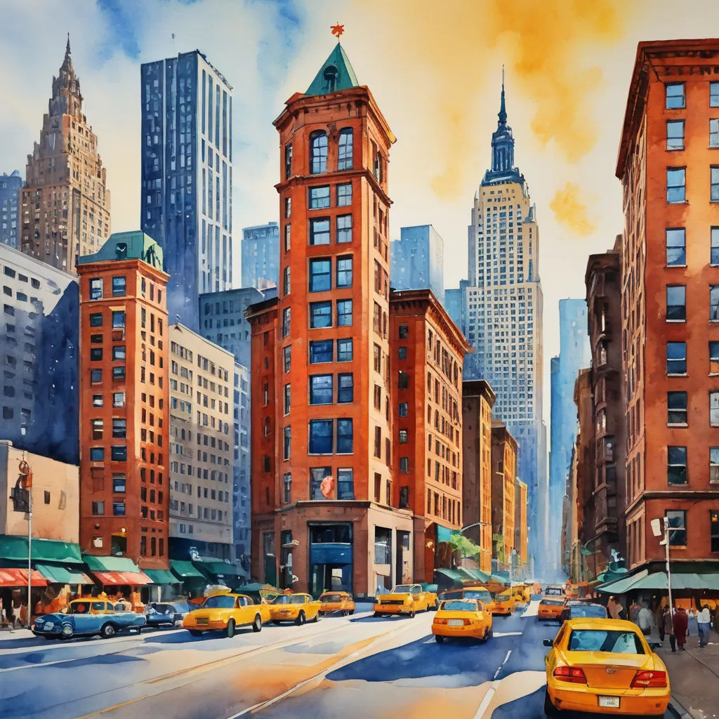 a painting of a city street with cars and buildings in the background and a yellow taxi cab driving down the street, american scene painting, a watercolor painting, Art Brenner, city background