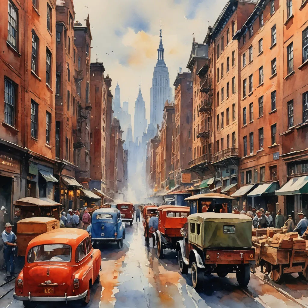 a painting of a city street with cars and people on the sidewalk and buildings in the background and a sky with clouds, american scene painting, a detailed matte painting, Art Brenner, matte drawing
