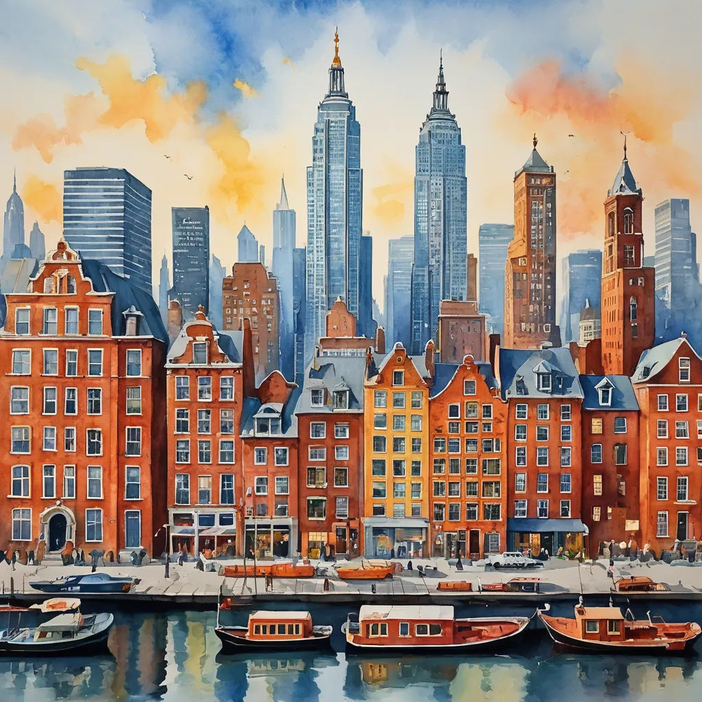 a painting of a city with boats in the water and buildings in the background with a yellow sky line, american scene painting, an ultrafine detailed painting, Arie Smit, cityscape