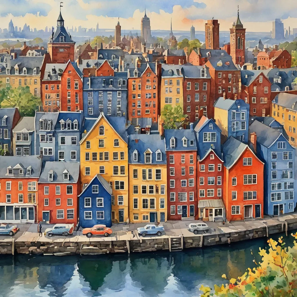 a painting of a city with a river and buildings in the background and a bridge in the foreground, american scene painting, a detailed painting, Evgeny Lushpin, in gouache detailed paintings