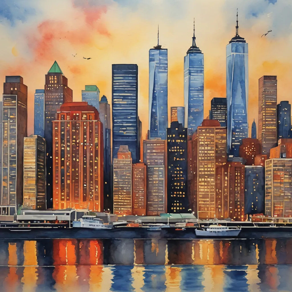 a painting of a city skyline with a train on the tracks and a boat in the water in front of it, american scene painting, a watercolor painting, Art Fitzpatrick, cityscape