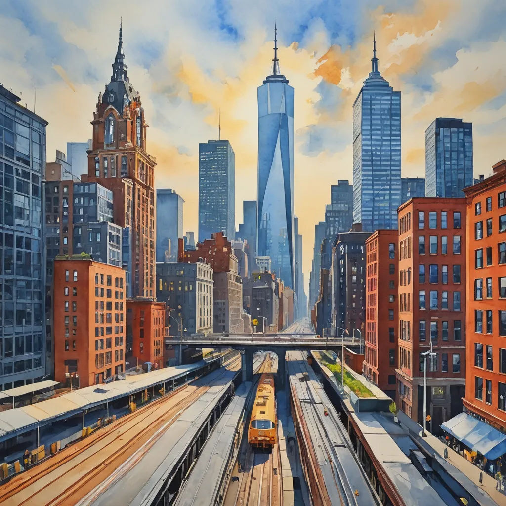 a painting of a train station with a city skyline in the background and a train on the tracks in the foreground, american scene painting, an ultrafine detailed painting, Art Fitzpatrick, cityscape