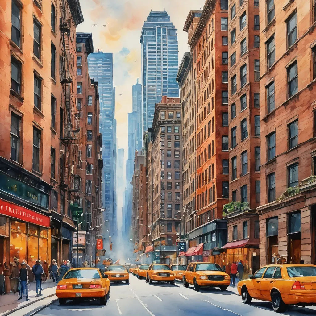 a painting of a city street with taxis and people walking on the sidewalk and buildings in the background and a sky line, american scene painting, an ultrafine detailed painting, Antoine Blanchard, highly detailed oil painting