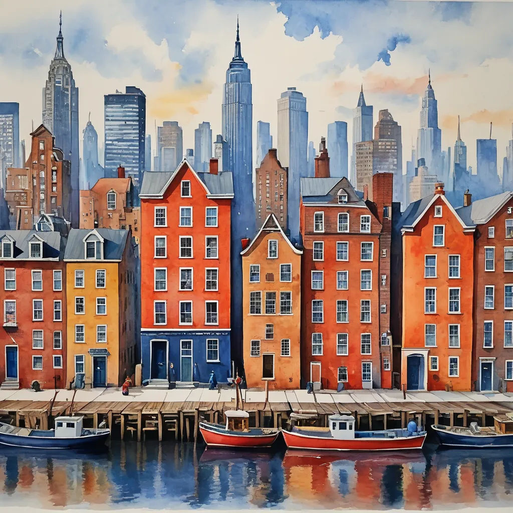 a painting of a city with boats in the water and buildings in the background with a sky line in the foreground, american scene painting, a watercolor painting, Art Fitzpatrick, cityscape