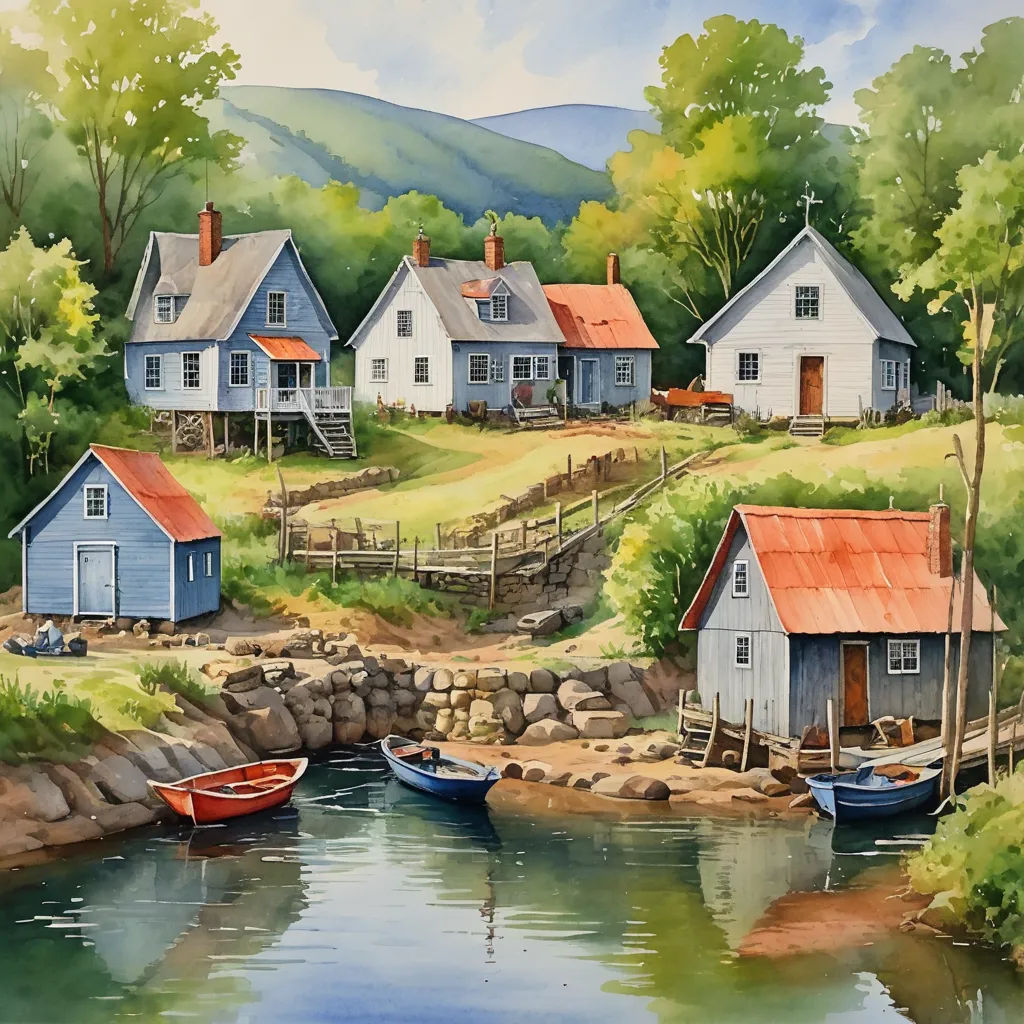 a painting of a village with boats on the water and a mountain in the background with a red roof, american scene painting, a detailed painting, Bob Thompson, in gouache detailed paintings