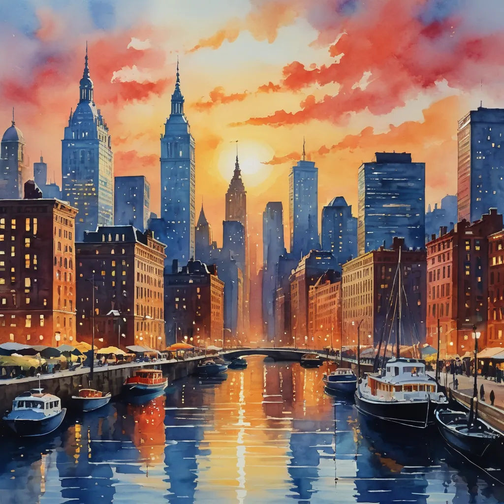 a painting of a city skyline with boats in the water and a sunset in the background with a red sky, american scene painting, an airbrush painting, Art Brenner, cityscape