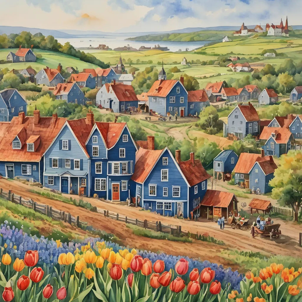 a painting of a village with a horse drawn carriage and tulips in the foreground and a field of flowers in the background, american scene painting, a detailed matte painting, Edward Lamson Henry, in gouache detailed paintings