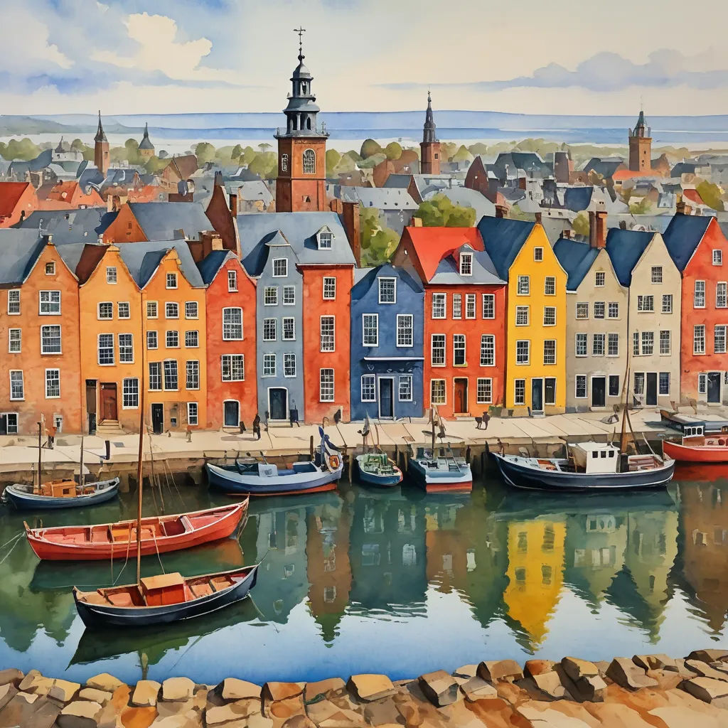a painting of a harbor with boats in it and a clock tower in the background, and a city with a clock tower in the background, american scene painting, a detailed painting, Arie Smit, detailed painting