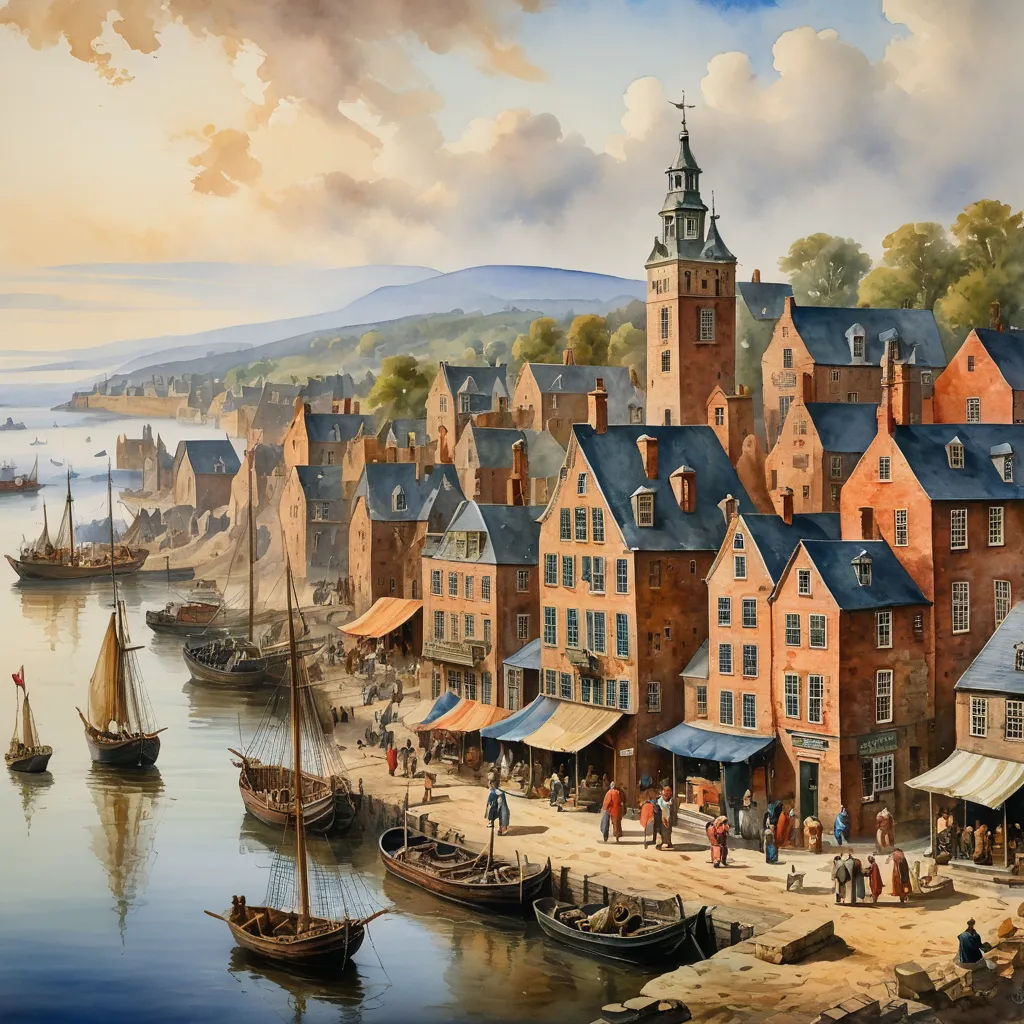 a painting of a town with a harbor and boats in the water and people walking around the town and a boat in the water, american scene painting, a detailed matte painting, Fitz Henry Lane, highly detailed digital painting