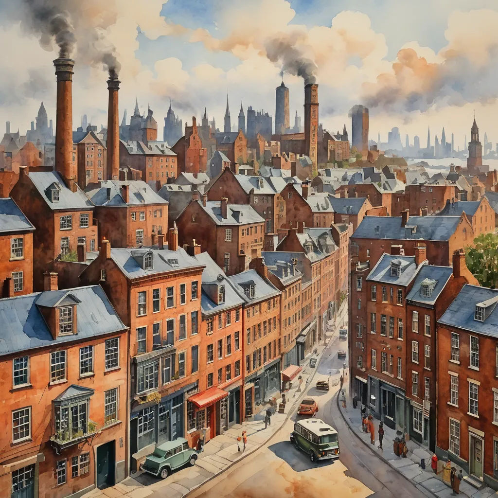 a painting of a city with a lot of buildings and a lot of smoke coming out of the stacks, american scene painting, a detailed matte painting, Charles Ginner, matte drawing