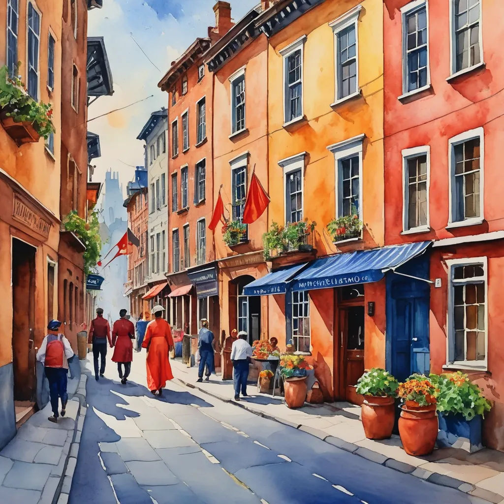 a painting of a street with people walking down it and buildings on both sides of the street and a blue awning, american scene painting, a watercolor painting, Chen Chun, stanley artgermm