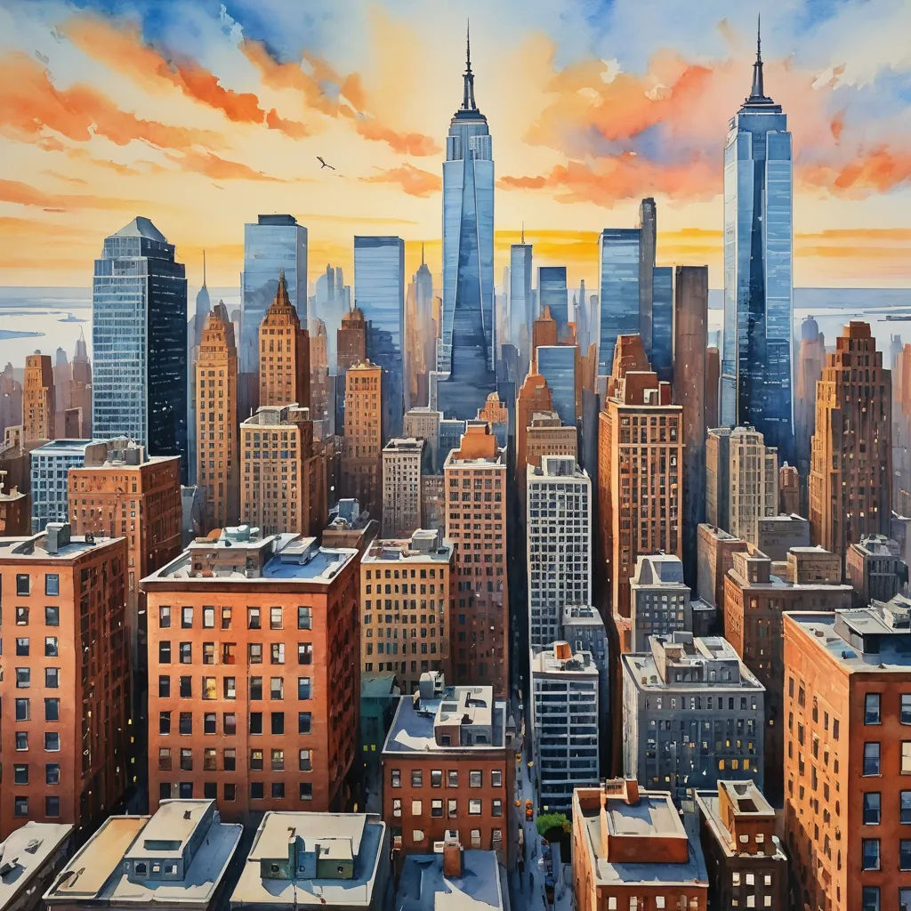 a painting of a cityscape with a sunset in the background and a bird flying over the city, american scene painting, an airbrush painting, Alson S. Clark, in gouache detailed paintings
