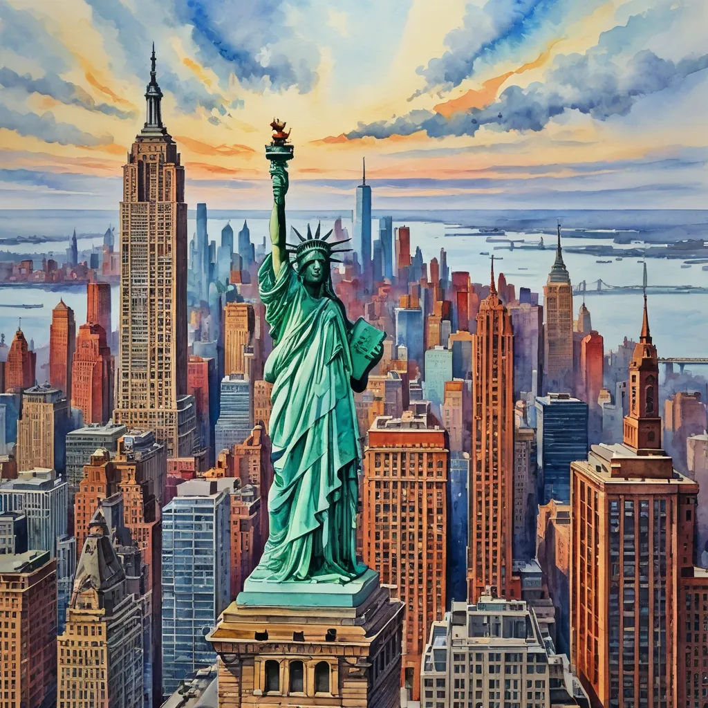a painting of the statue of liberty in new york city, with the empire building in the background and the city skyline in the foreground, american scene painting, an airbrush painting, Art Fitzpatrick, highly detailed oil painting
