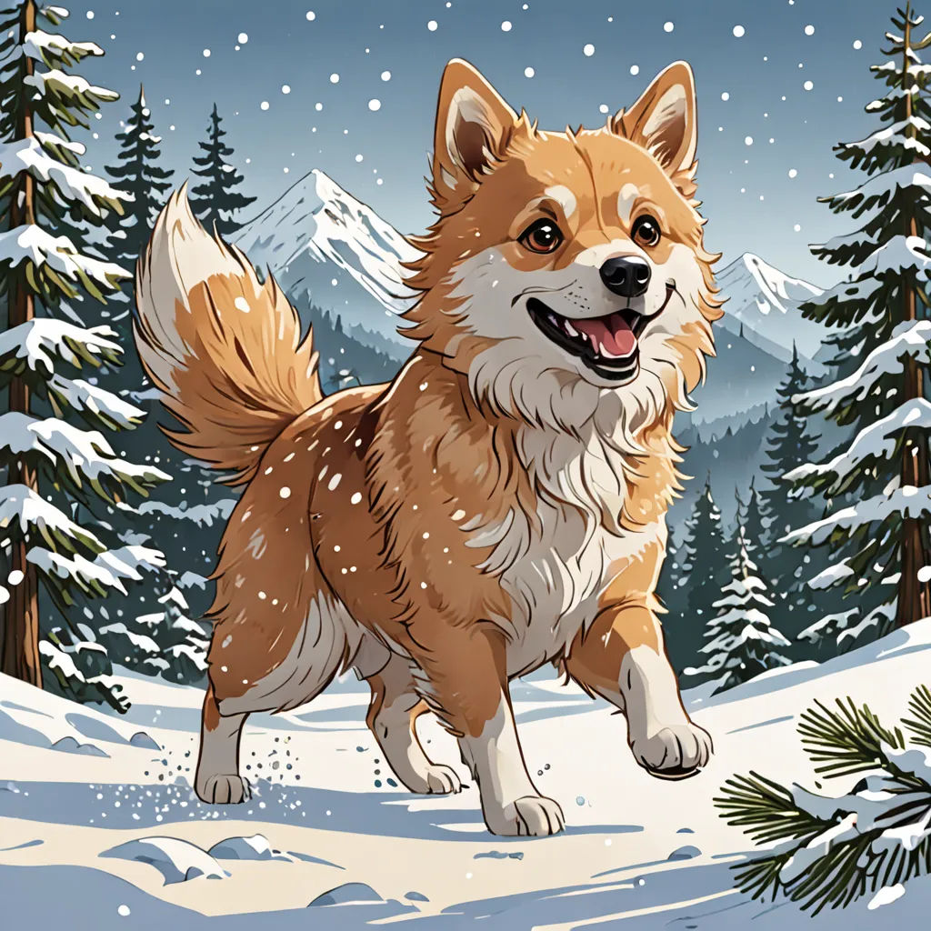 a cartoon dog running through a snowy forest with pine trees and snow covered mountains in the background, with a snow covered pine tree in the foreground, furry art, a storybook illustration, Dan Mumford, josan gonzales and dan mumford