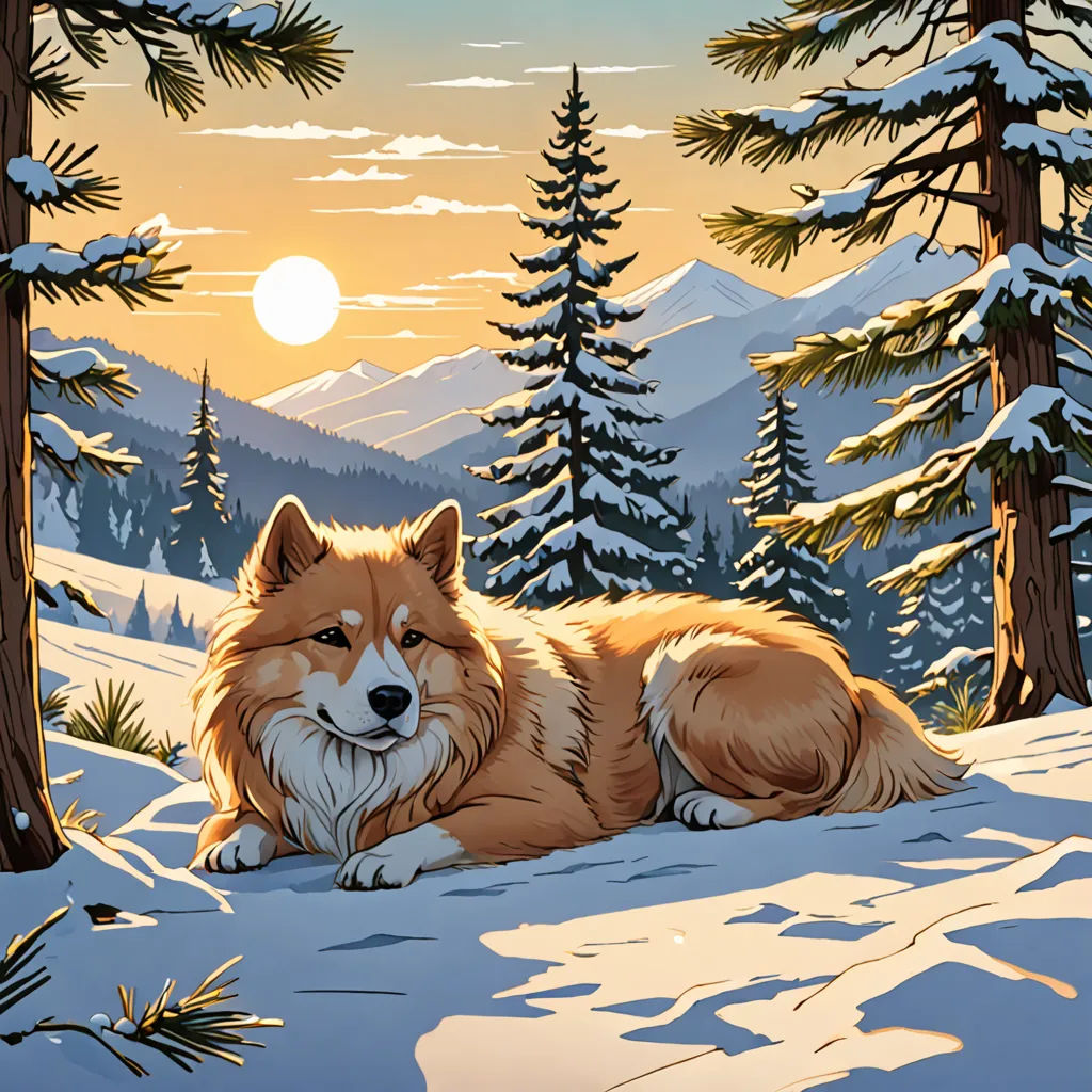 a painting of a dog laying in the snow in front of a forest with a sunset in the background, furry art, a storybook illustration, Dan Mumford, highly detailed digital painting