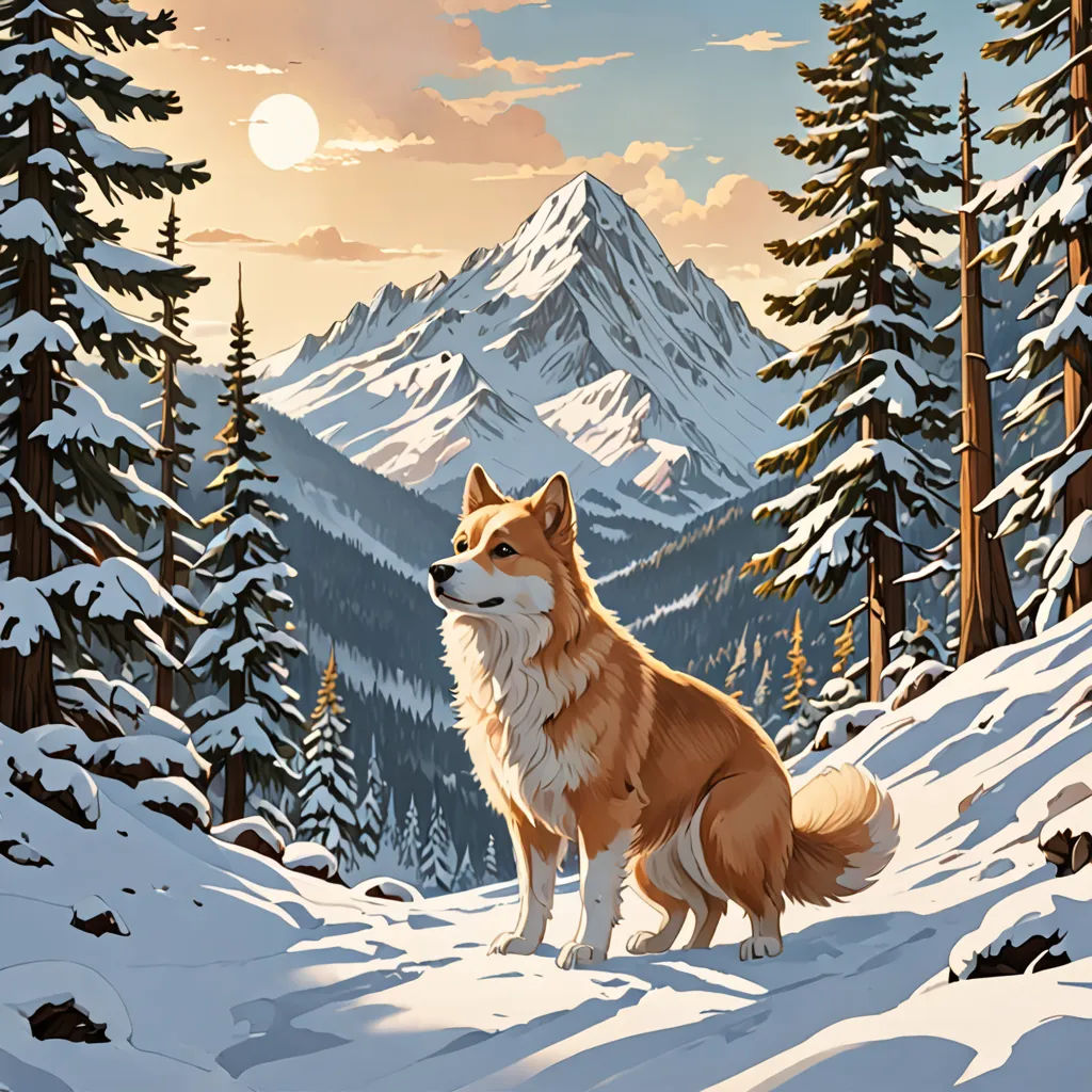 a painting of a dog in the snow with mountains in the background and a full moon in the sky, furry art, a storybook illustration, Dan Mumford, highly detailed digital painting