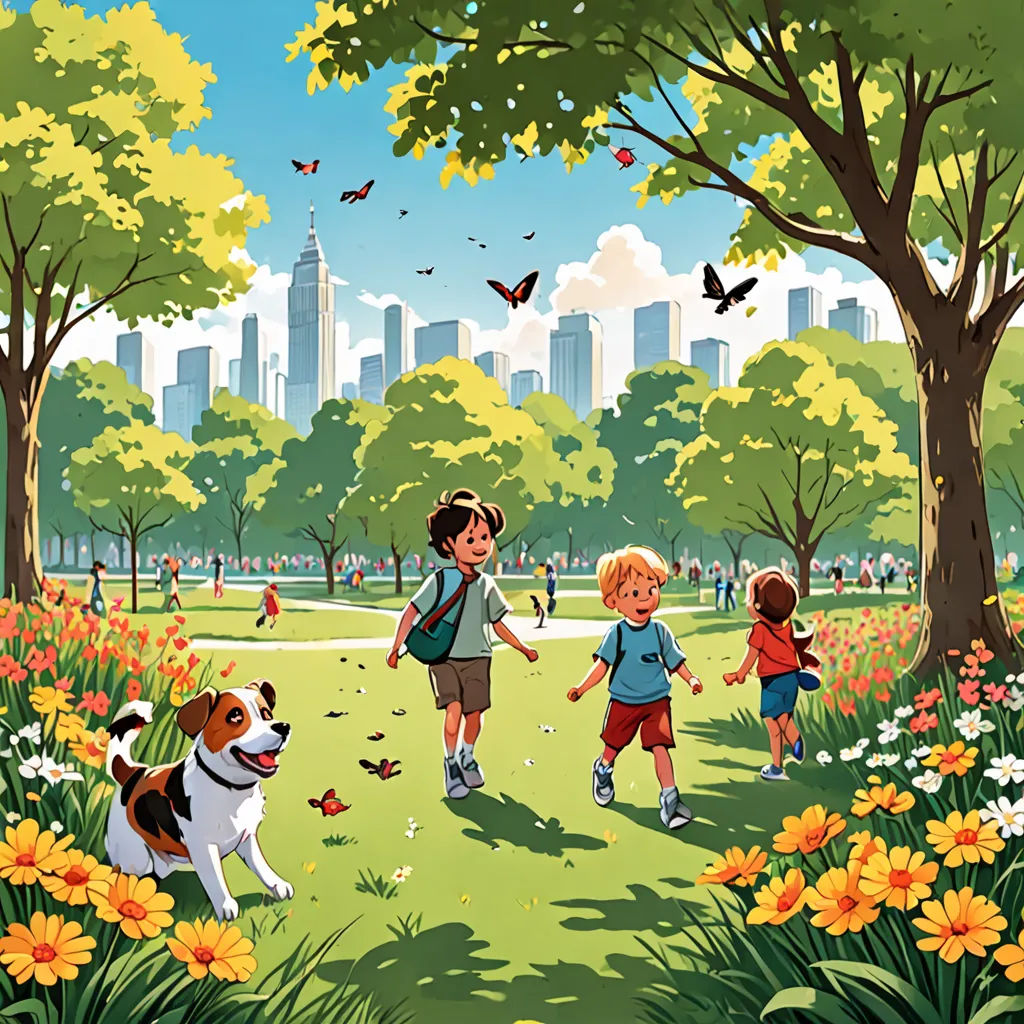 a painting of a group of children playing in a park with a dog and a dog on a leash, american scene painting, a storybook illustration, Chris LaBrooy, storybook illustration