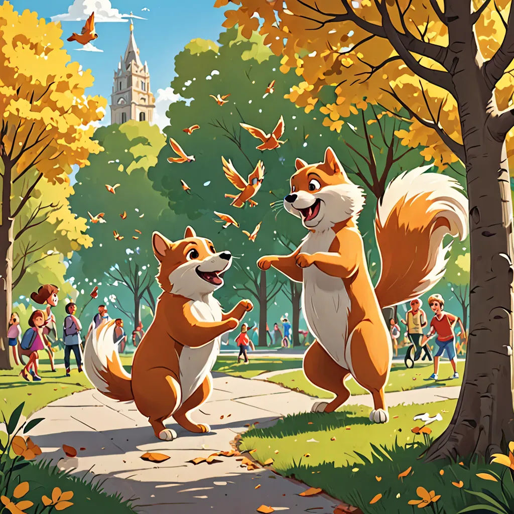 a couple of foxes standing on top of a sidewalk next to a forest filled with trees and leaves,, american scene painting, a storybook illustration, Chris LaBrooy, official art