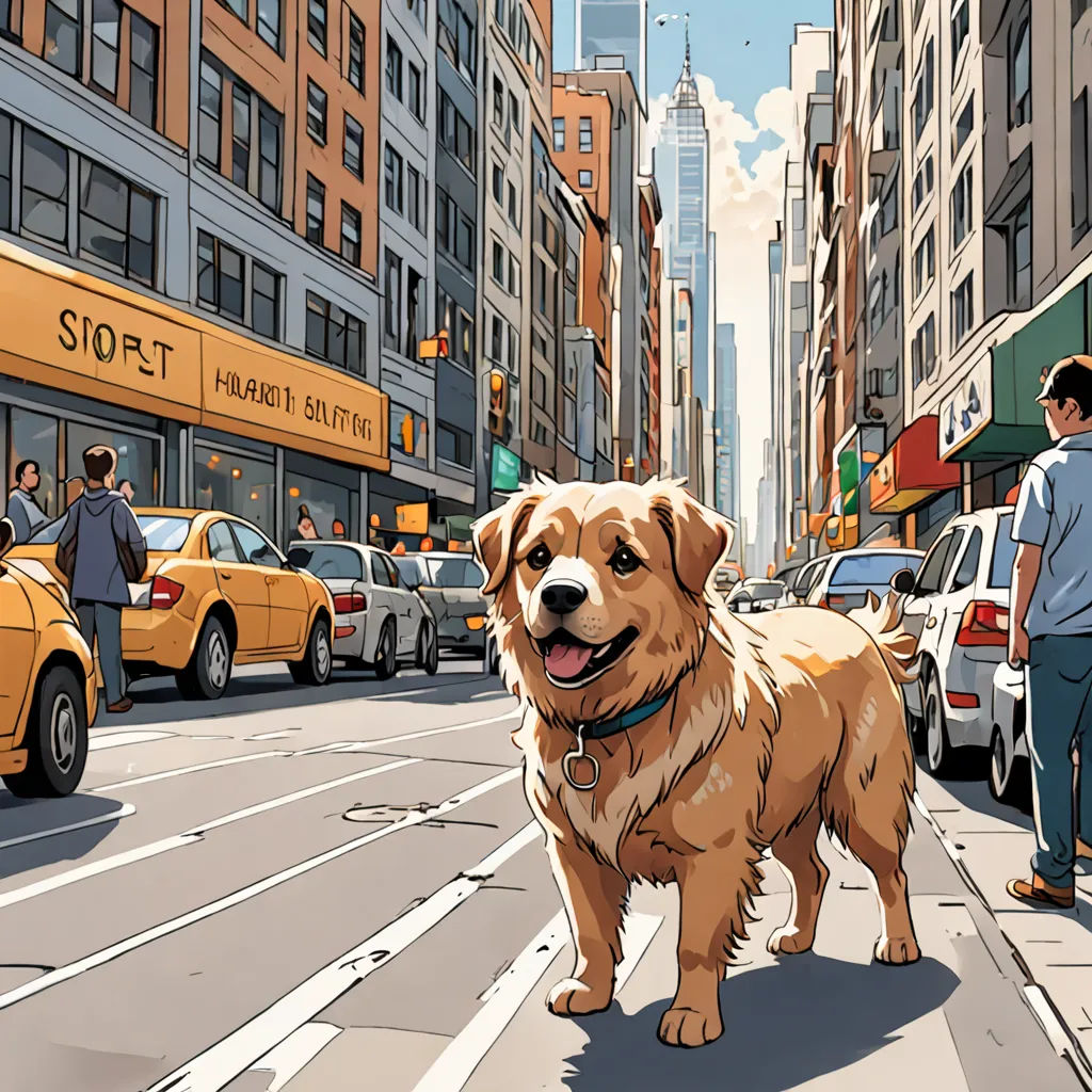 a dog standing on a city street with a man walking by it and a taxi cab in the background, american scene painting, a comic book panel, Altichiero, highly detailed digital art