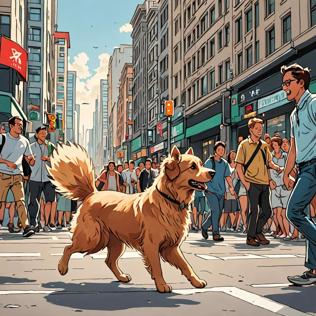 a dog is running across the street in front of a crowd of people on a city street with buildings, american scene painting, a comic book panel, Asaf Hanuka, laurie greasley