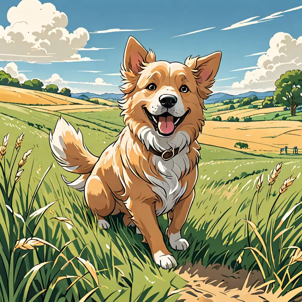 a dog is sitting in a field of grass and grass is in the foreground and a blue sky is in the background, furry art, a comic book panel, Asaf Hanuka, josan gonzales and dan mumford