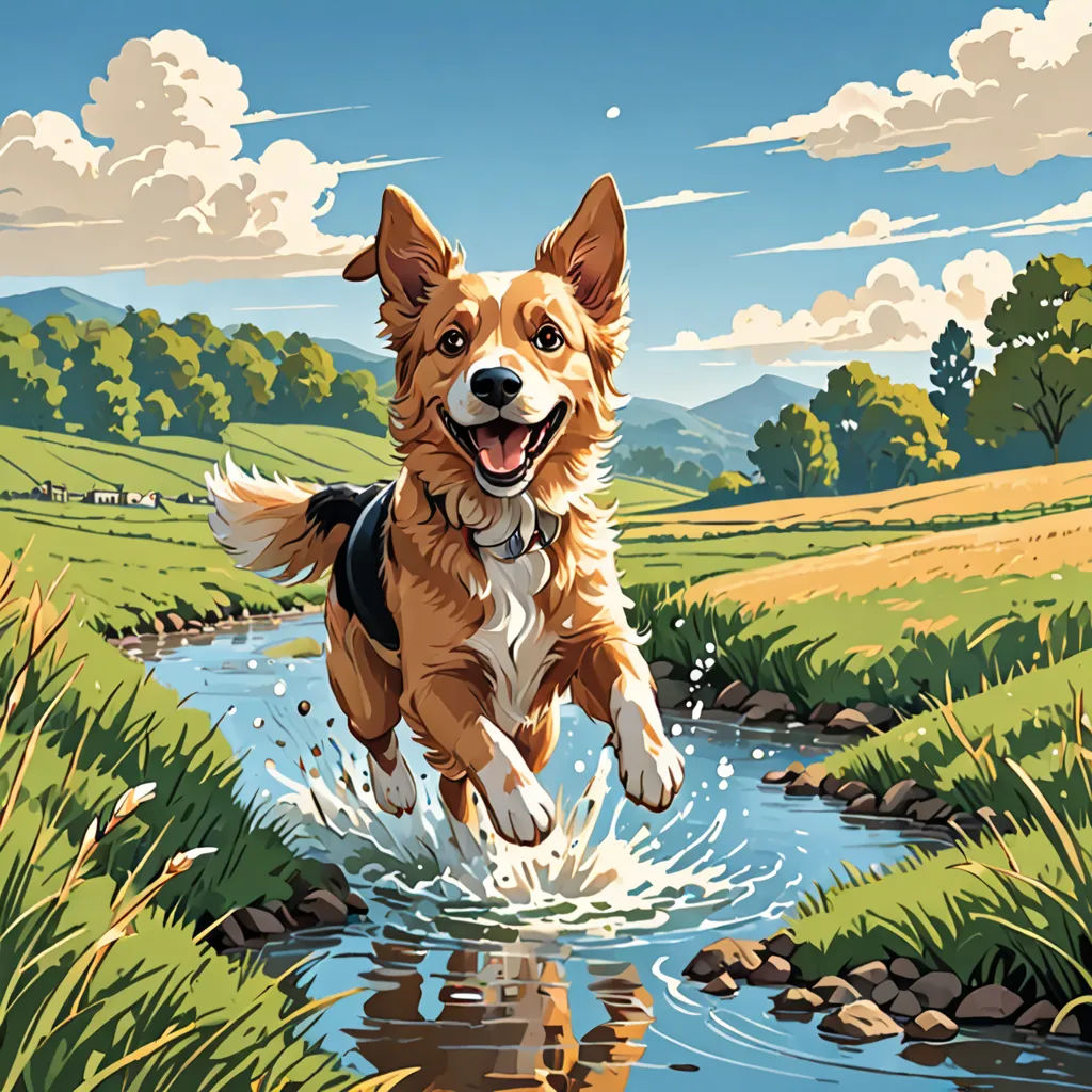 a dog running through a stream in a field with grass and rocks, with a sky background and clouds, american scene painting, a storybook illustration, Chris LaBrooy, high detail illustration