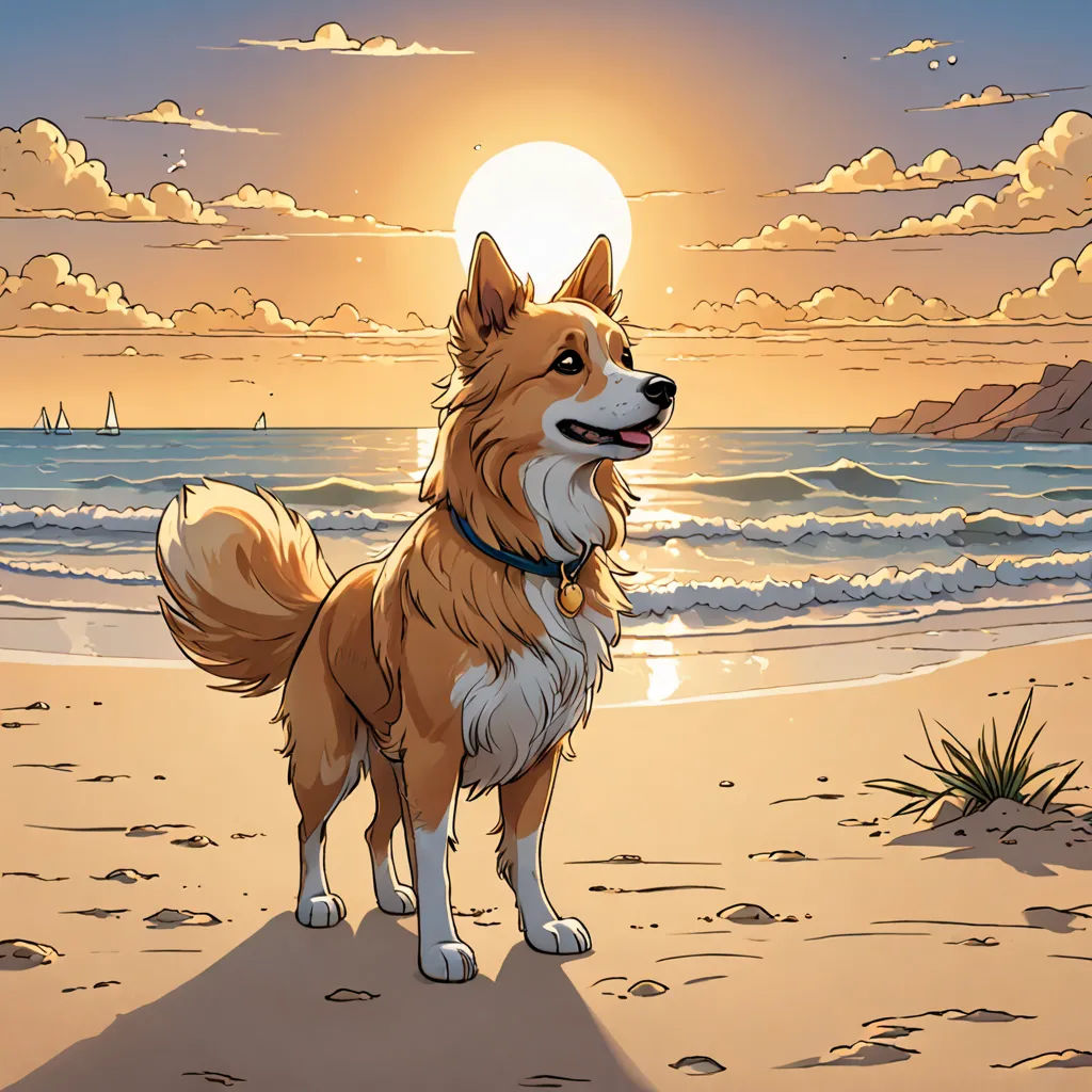 a dog standing on a beach with the sun setting in the background and clouds in the sky above it, furry art, a comic book panel, Colin Middleton, comic cover art