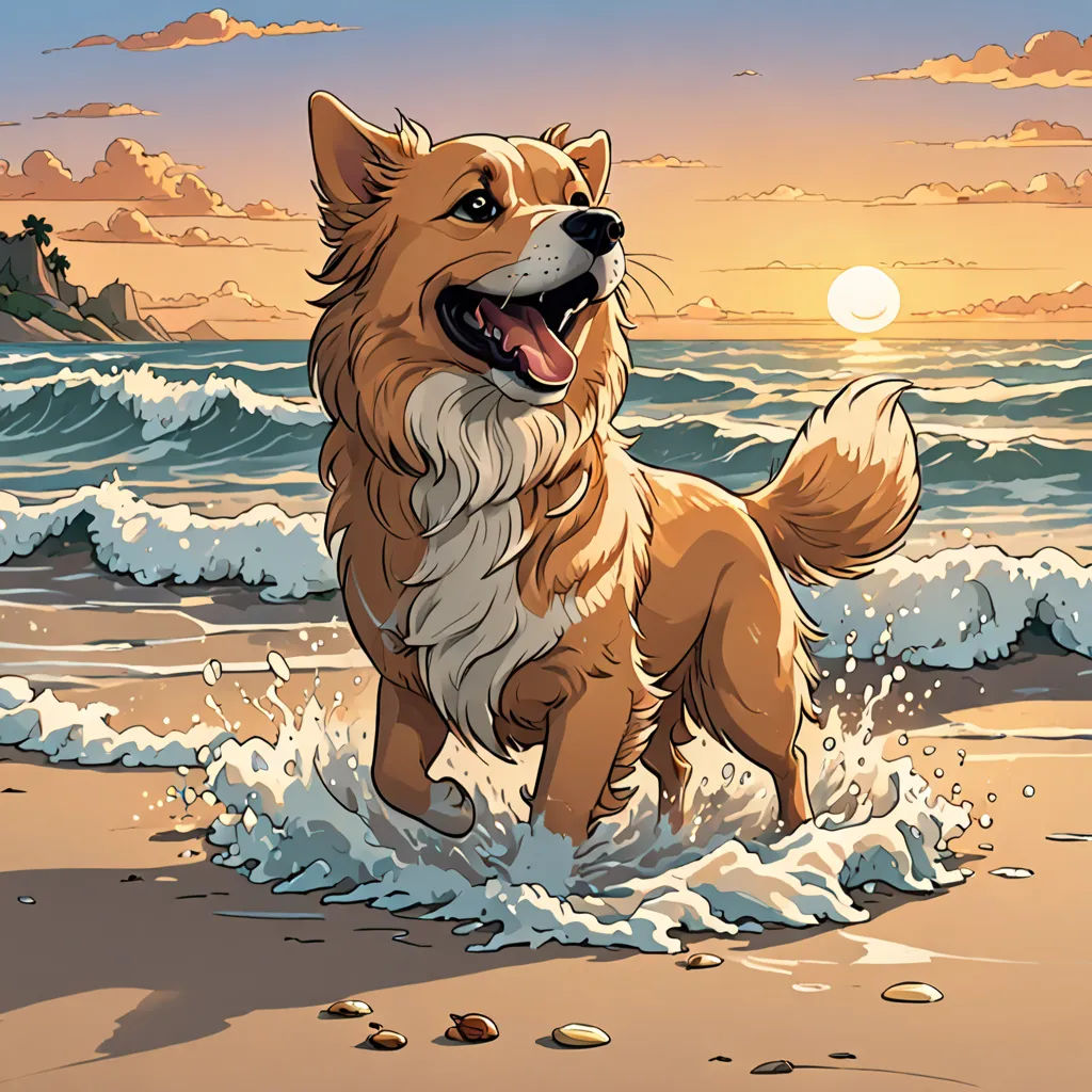 a dog running on the beach at sunset with waves crashing around him and a sun setting in the background, furry art, a comic book panel, Dan Mumford, kinkade