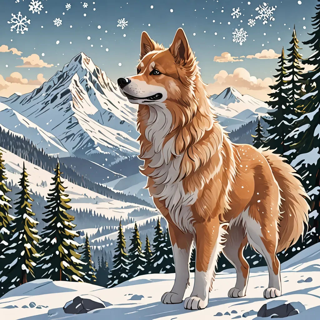 a dog standing in the snow in front of a mountain scene with snowflakes and pine trees in the background, furry art, a storybook illustration, Chris LaBrooy, highly detailed digital painting