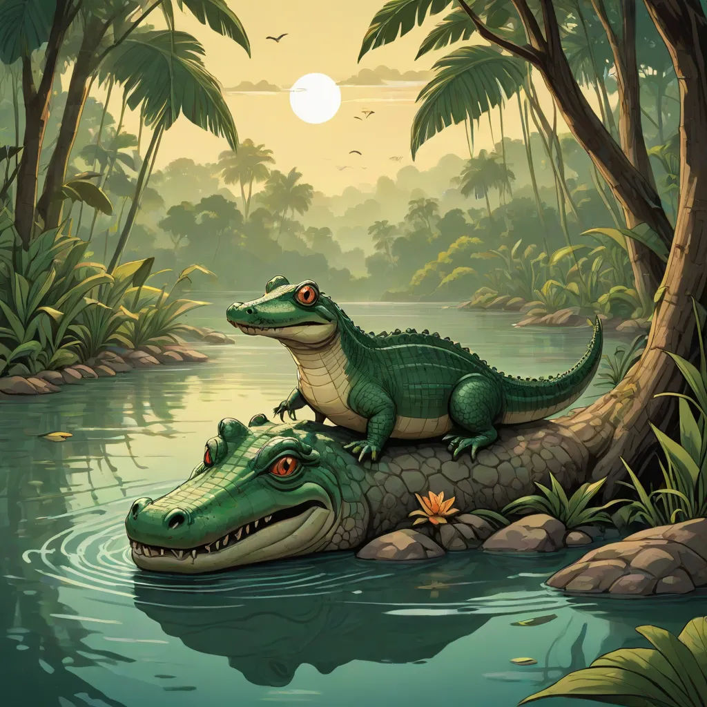 a painting of two alligators in a river with a sun in the background and trees and plants around, a storybook illustration, Chris LaBrooy, fantasy art, storybook illustration