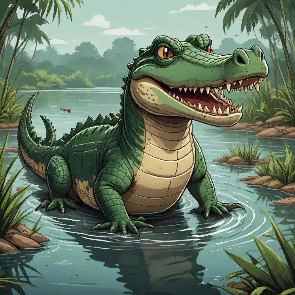 a cartoon alligator is in the water with his mouth open and teeth wide open, with a jungle background, an illustration of, Chris LaBrooy, sots art, magic the gathering artwork