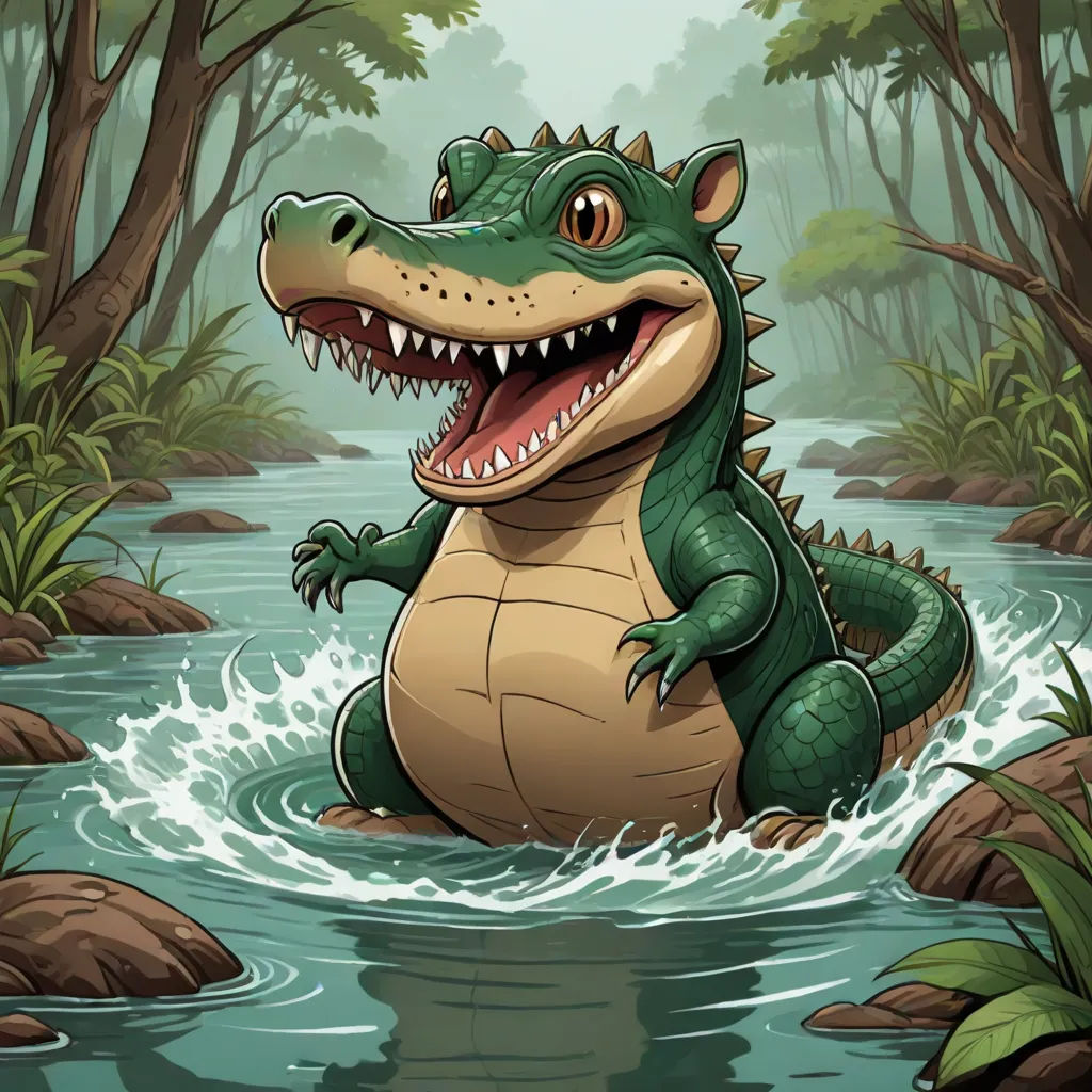 a cartoon alligator in a river with a forest background and a background of rocks and trees, with a green alligator in the water, a storybook illustration, Chris LaBrooy, sots art, storybook illustration