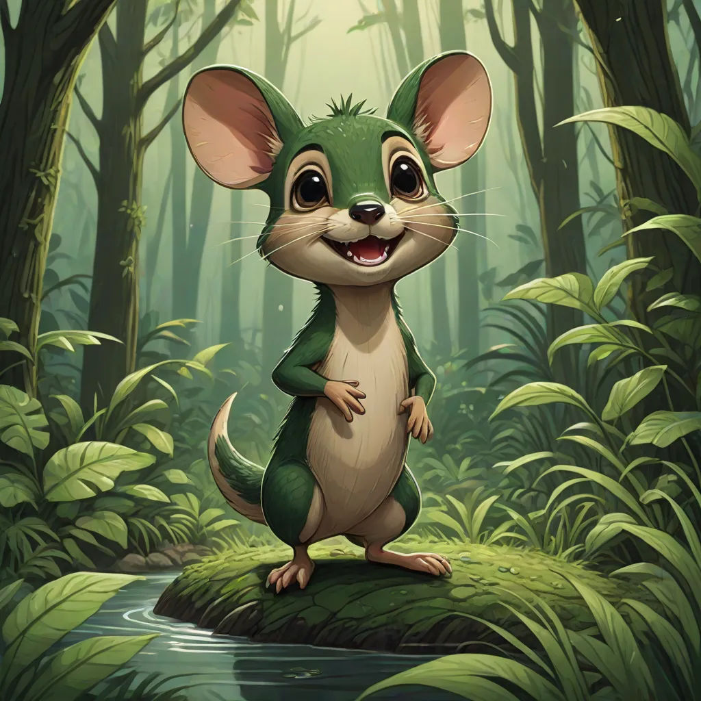 a cartoon mouse standing on a rock in a forest with a stream running through it's center and smiling, a character portrait, Chris LaBrooy, sots art, magic the gathering artwork