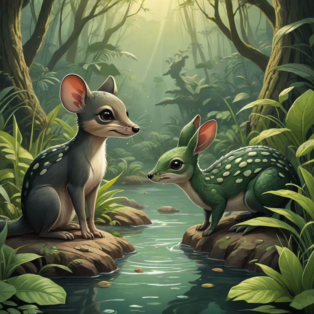 a couple of animals that are in the grass near water and trees and plants and rocks and rocks and water, a storybook illustration, Brian and Wendy Froud, fantasy art, official art