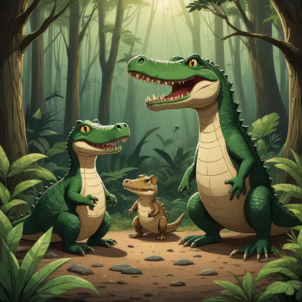 a couple of alligators standing in the middle of a forest with a baby one sitting on the ground, a storybook illustration, Chris LaBrooy, sots art, official art