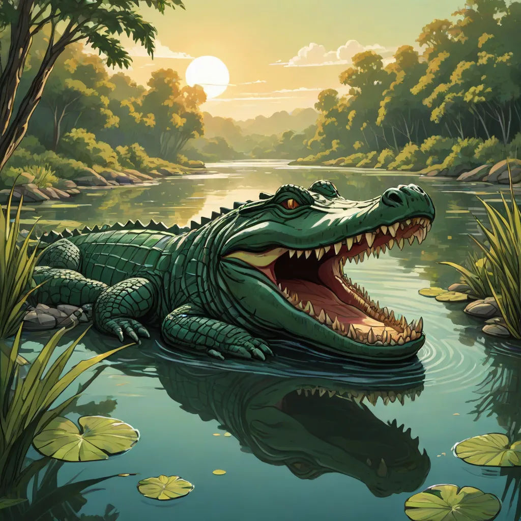 a crocodile is floating in the water with its mouth open and it's teeth wide open, with lily pads in the foreground, a storybook illustration, Chris LaBrooy, fantasy art, highly detailed digital painting