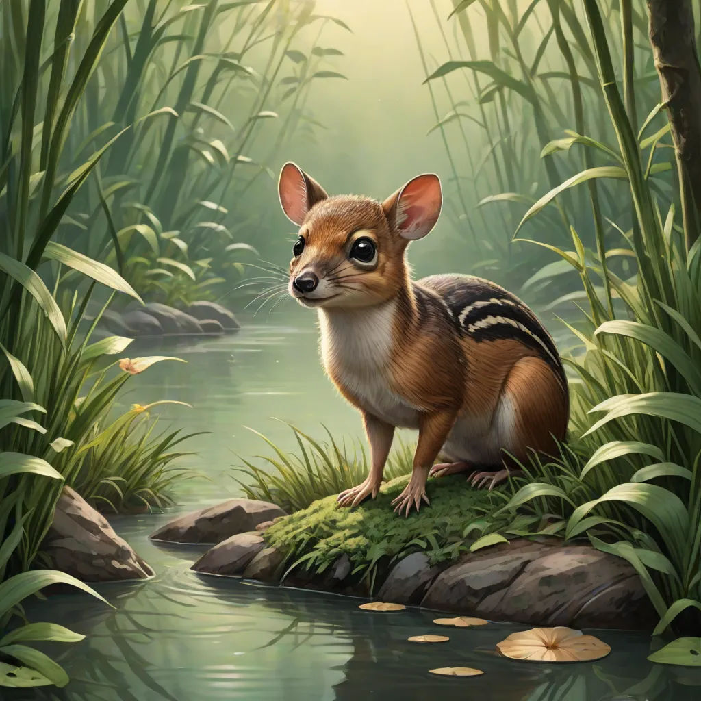 a painting of a small animal sitting on a rock in a river surrounded by grass and plants, with a pond in the foreground, a digital painting, Chris LaBrooy, fantasy art, official art