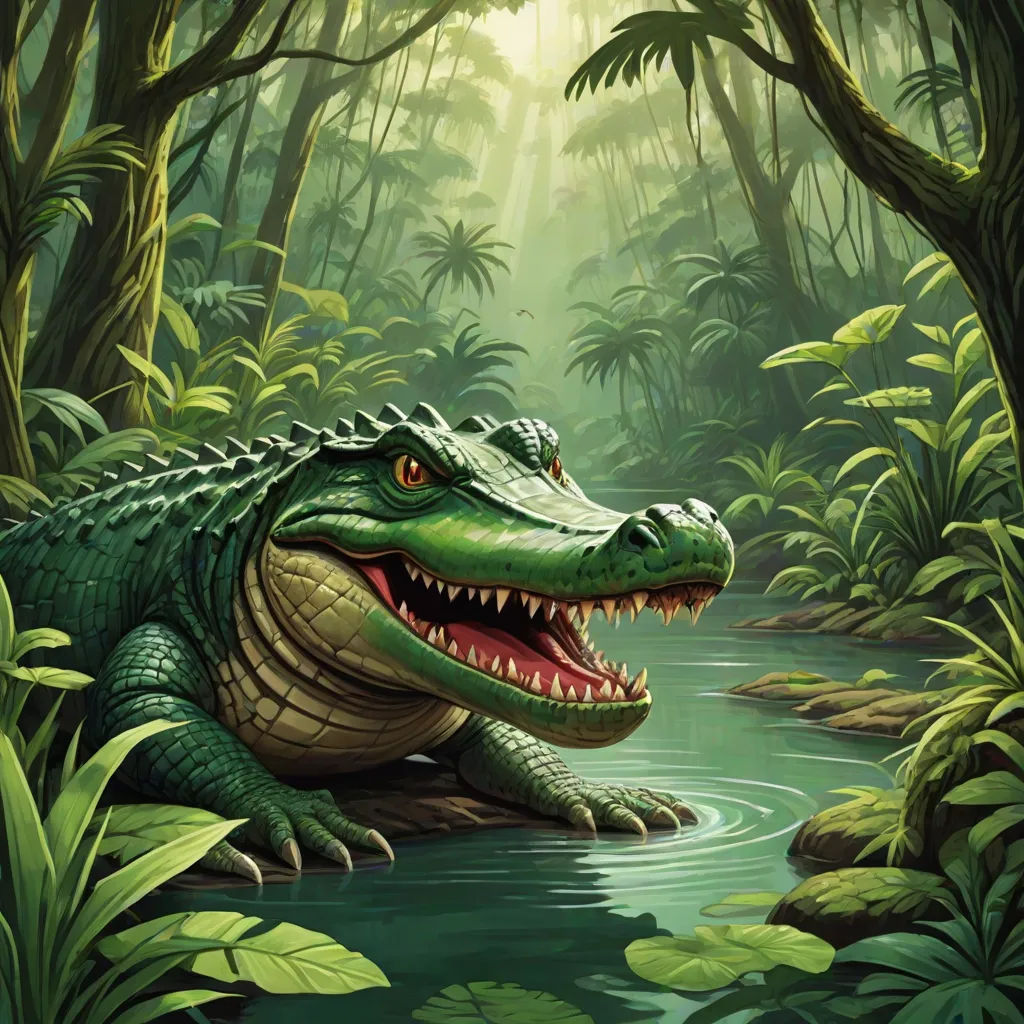 a crocodile is sitting in the middle of a river in the jungle with a lot of plants and trees, a storybook illustration, Chris LaBrooy, fantasy art, magic the gathering artwork
