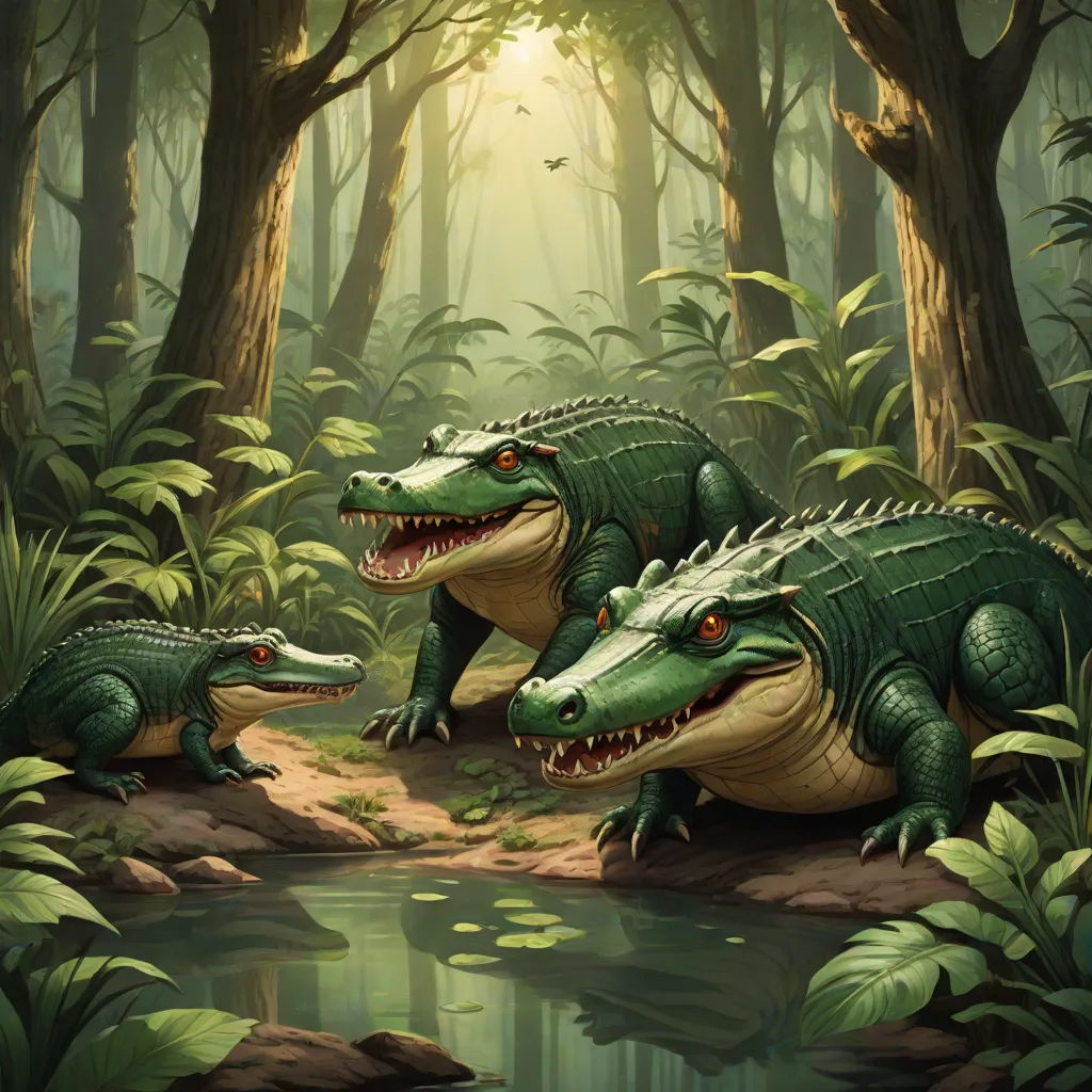two alligators in a jungle with a pond and trees in the background, with a bird flying overhead, concept art, Brothers Hildebrandt, fantasy art, magic the gathering artwork