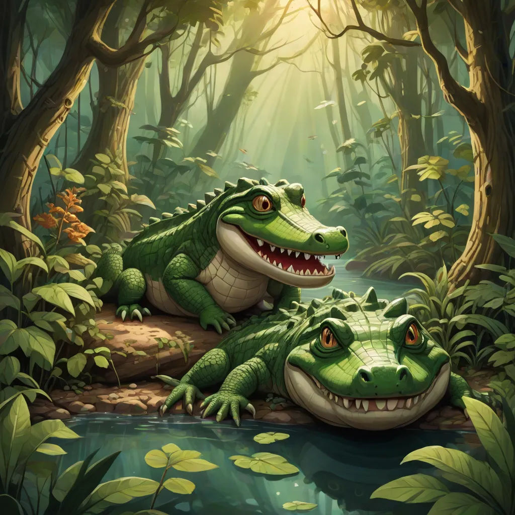 two alligators are sitting on a log in the woods by a river with a sunbeam in the background, a storybook illustration, Chris LaBrooy, fantasy art, magic the gathering artwork