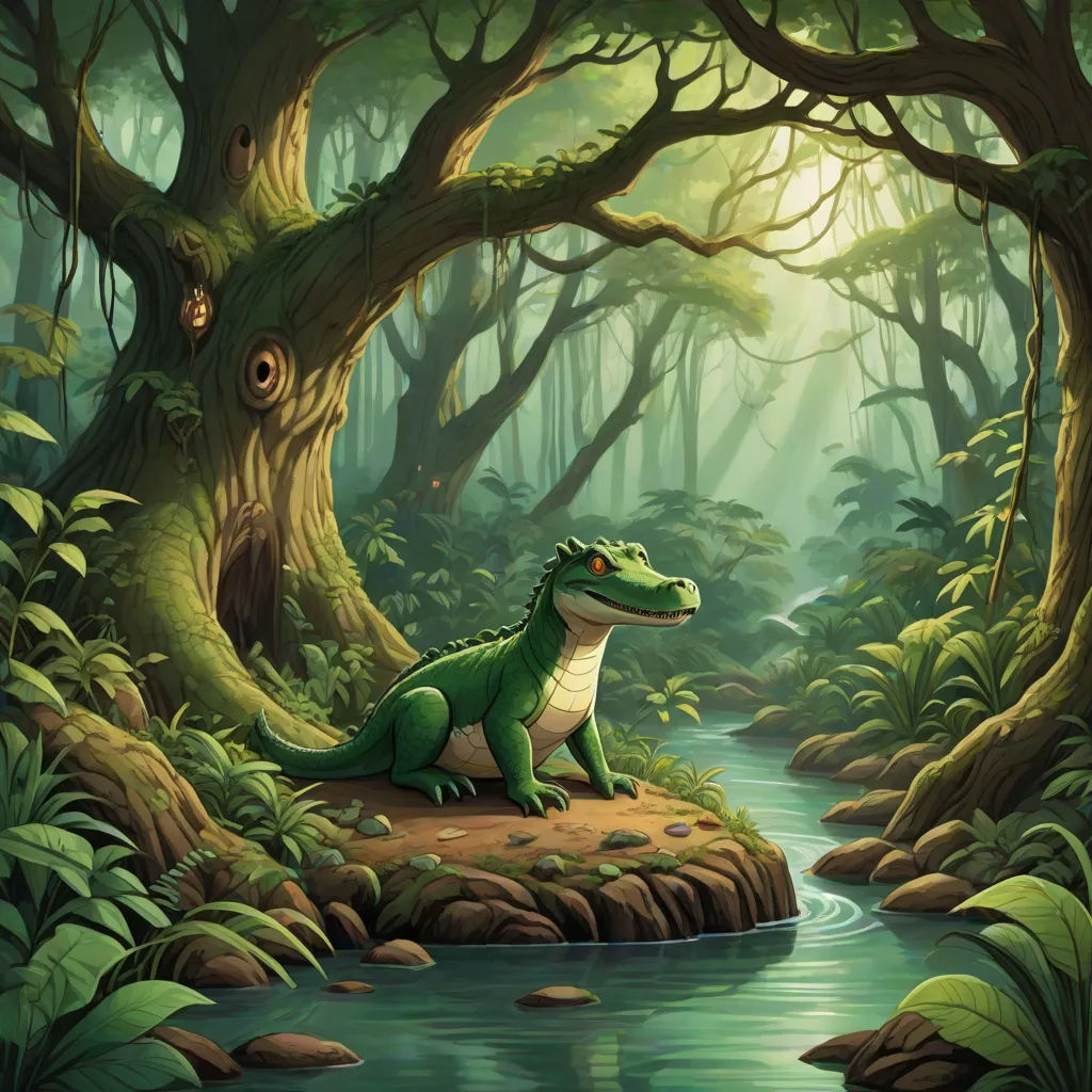 a green dinosaur sitting on a rock in a forest by a river with a tree and a forest background, a storybook illustration, Chris LaBrooy, fantasy art, storybook illustration