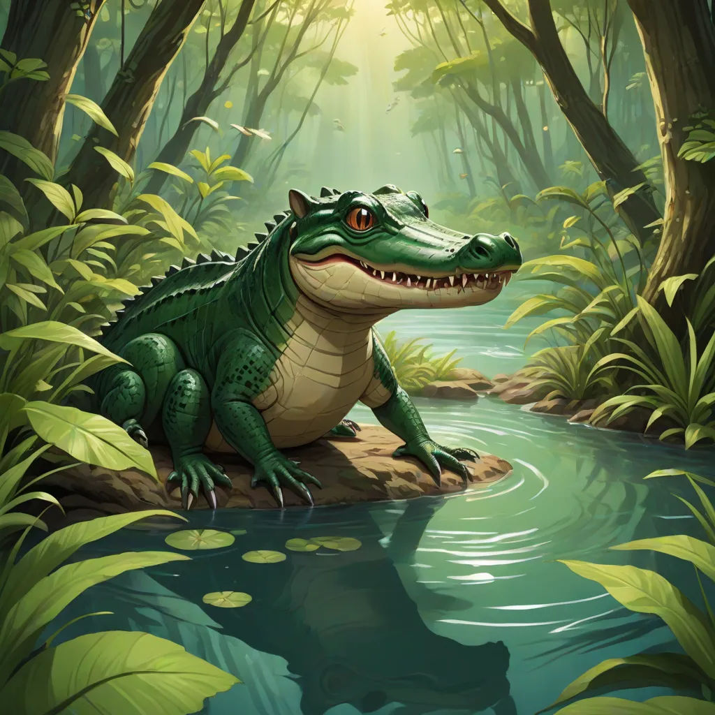 a crocodile is sitting on a rock in the water near a forest with green plants and trees and a bright light shining down on the background, a storybook illustration, Chris LaBrooy, fantasy art, magic the gathering artwork