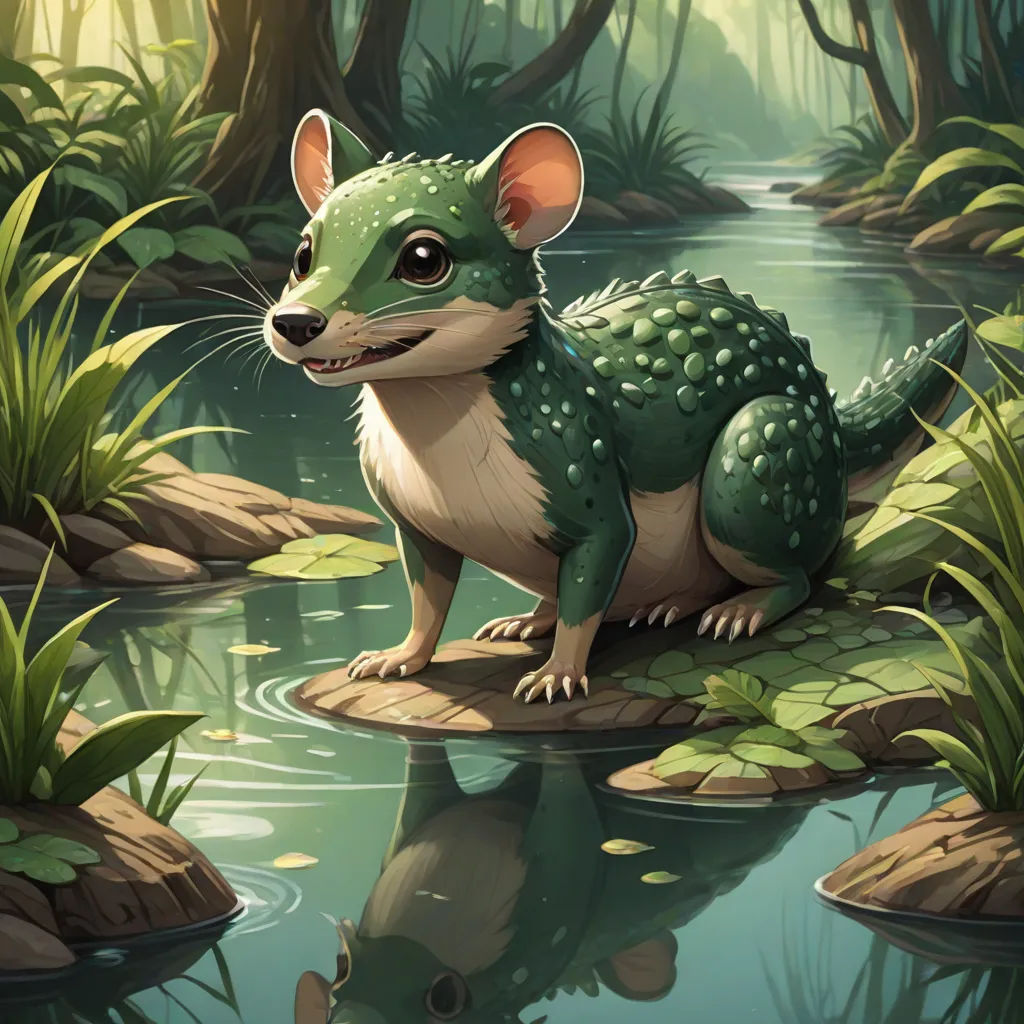 a cartoon animal sitting on a rock in a swampy area with water and plants around it, looking at the camera, a character portrait, Chris LaBrooy, sots art, magic the gathering artwork