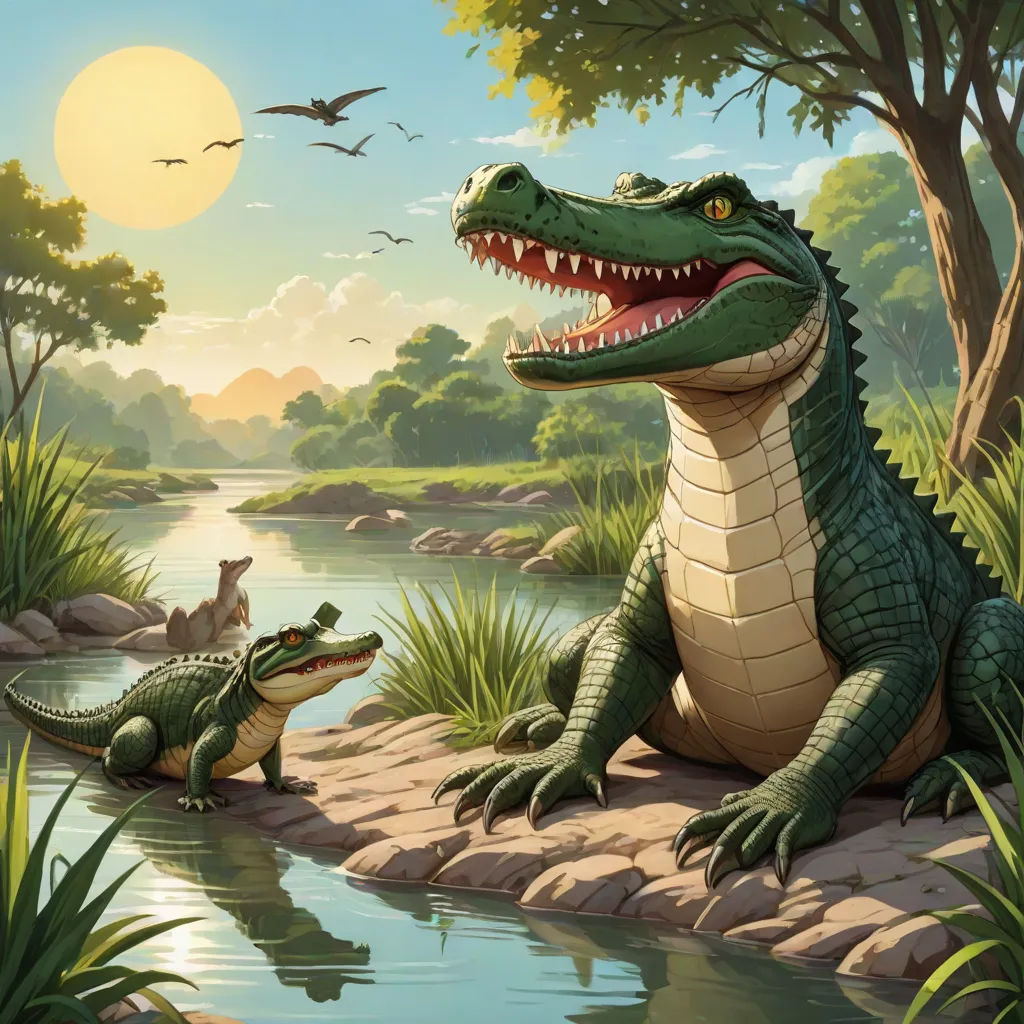 a painting of a crocodile and a crocodile in a river with a bird flying overhead and a bird flying above, a storybook illustration, Chris LaBrooy, altermodern, magic the gathering artwork