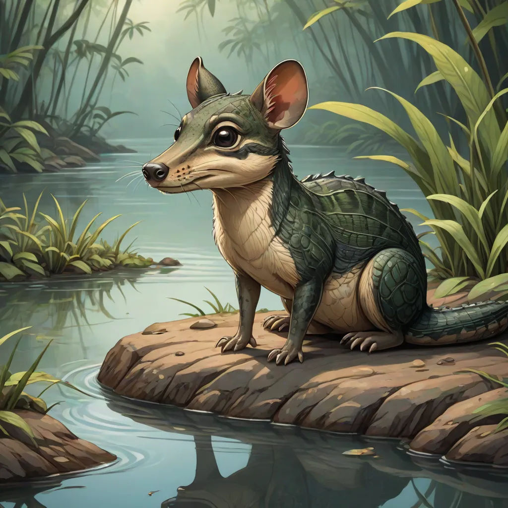 a small animal sitting on a rock in a river near a forest with tall grass and plants on the shore, concept art, Chris LaBrooy, sots art, magic the gathering artwork