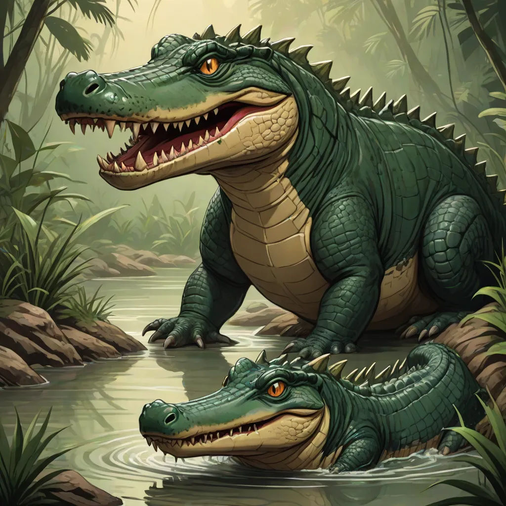 two alligators are sitting in the water together in the jungle, one is eating the other is drinking, an illustration of, Chris LaBrooy, fantasy art, magic the gathering artwork