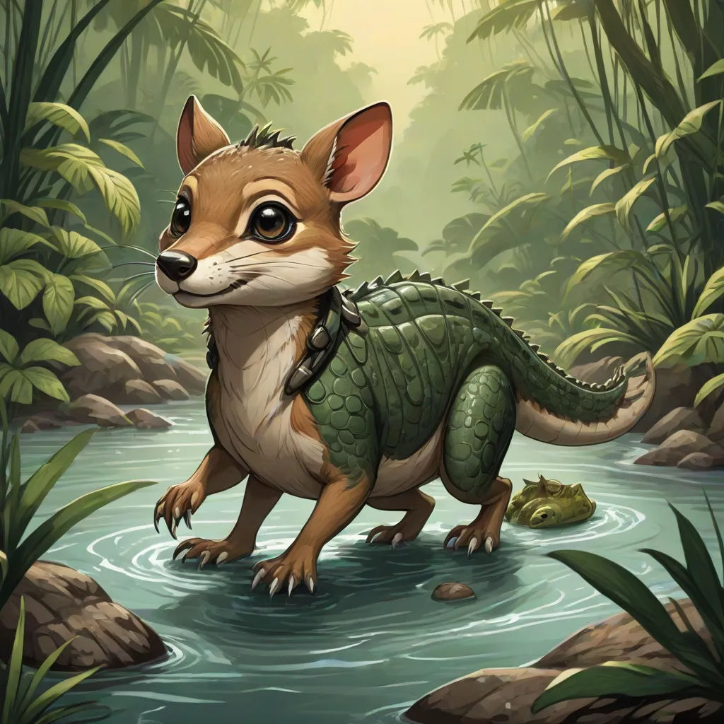 a cartoon animal is standing in a river in the jungle with a frog on his back and a frog on his back, concept art, Chris LaBrooy, altermodern, magic the gathering artwork