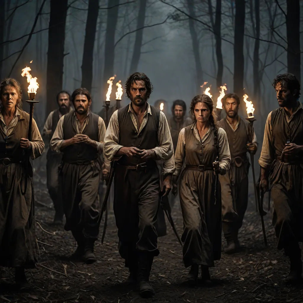 a group of people in the woods with torches in their hands and one man holding a staff with a staff, Anne Said, primitivism, a poster, promotional image