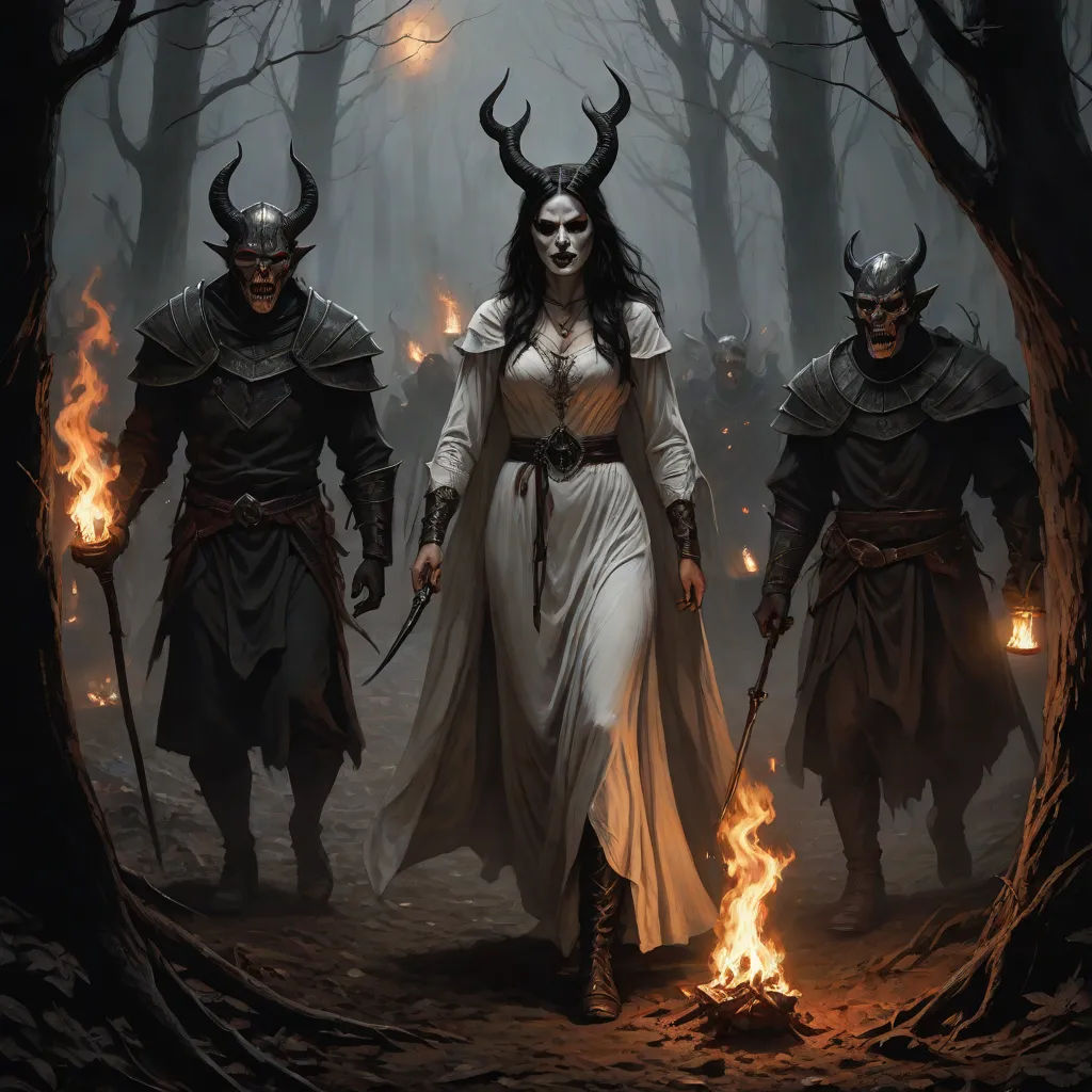 a group of people in costume walking through a forest with torches in their hands and demon heads on their heads, Art of Brom, fantasy art, concept art, dark fantasy art