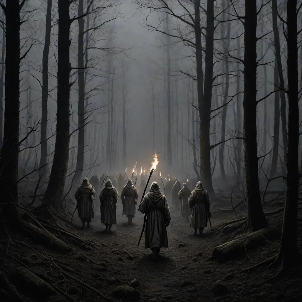 a group of people in a dark forest with a light shining through the trees on a foggy day, Dirk Crabeth, antipodeans, a detailed matte painting, elden ring